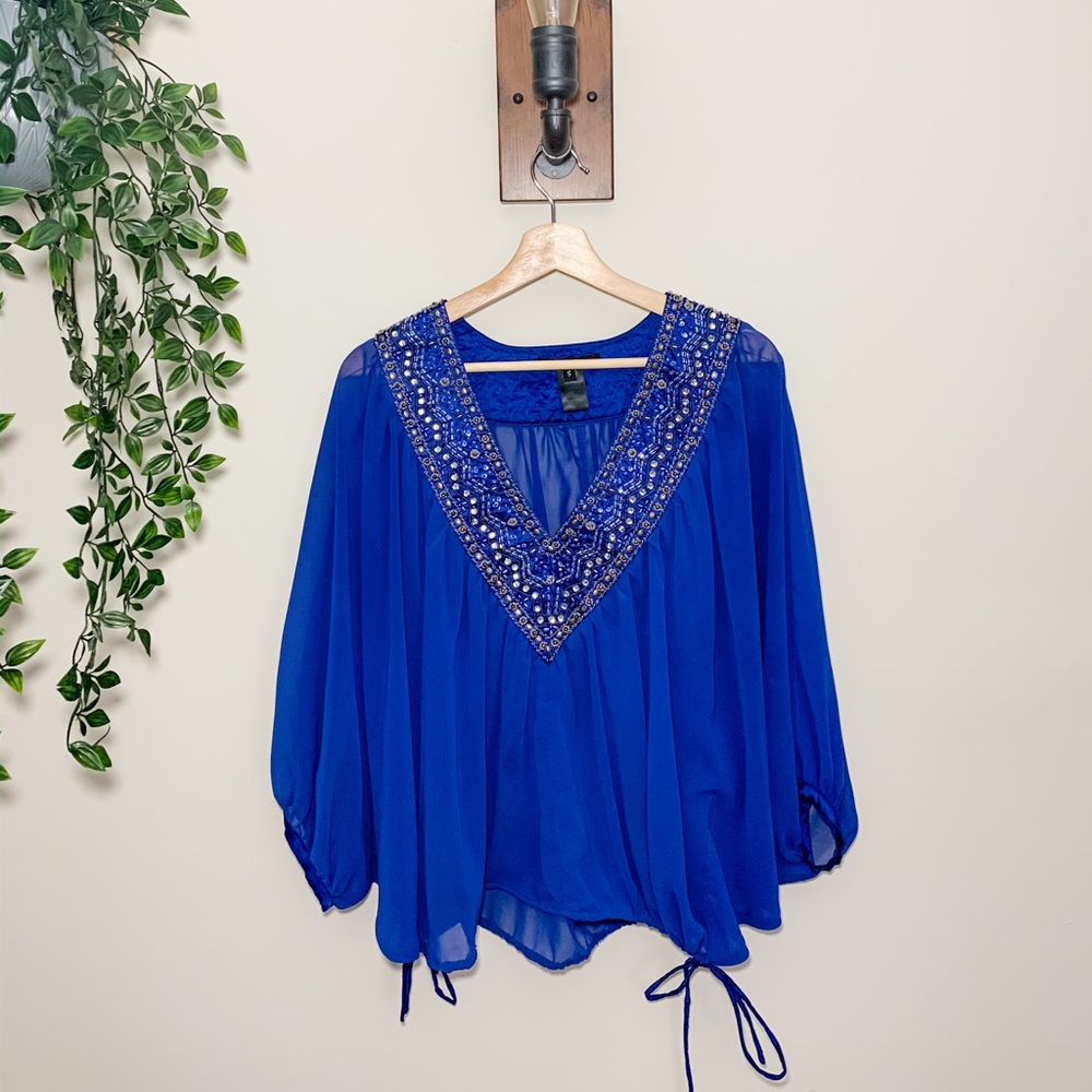 Buckle Dolman Sleeve Sheer Top Blue Size Small